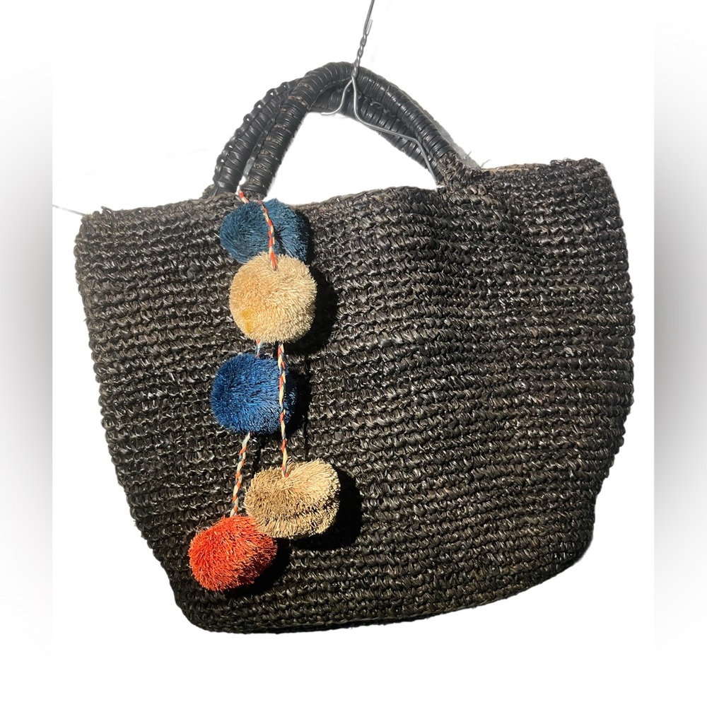 Handcrafted Black Straw Tote Bag with Colorful straw Pom Poms
